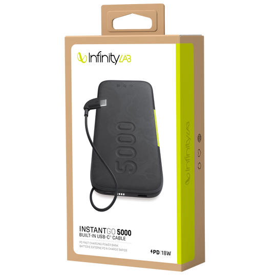 InstantGo 5000 Built-in USB-C Cable - Black - 18W PD fast charging power bank - Detailshot 5